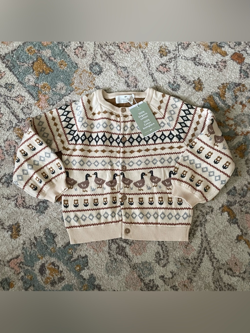 NWT H&M Kids Cotton Cream Fair Isle Goose Cardigan with Brown and Black Accents
